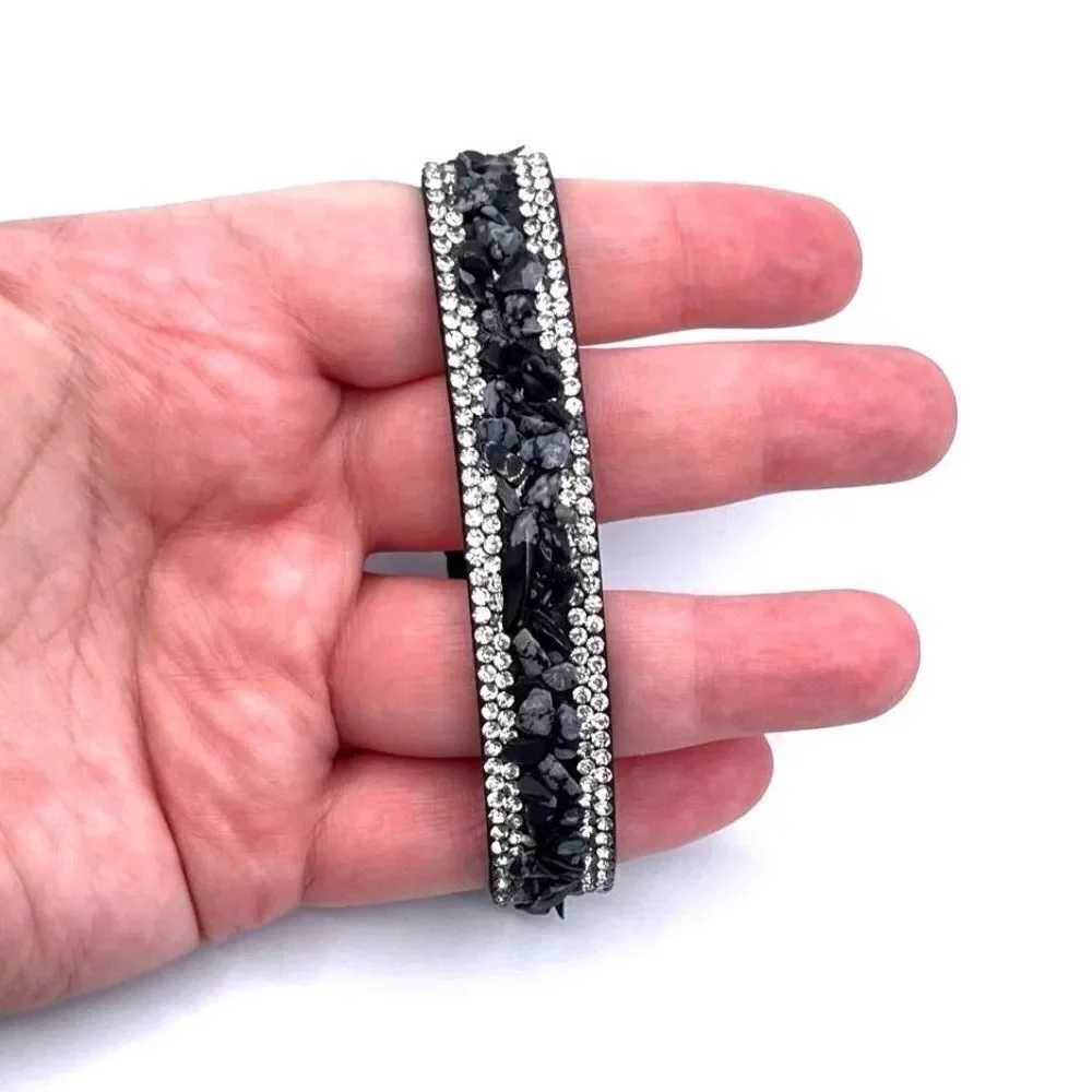 Black Faux Leather with Crystal and Chip Boho Adjustable Bracelet
